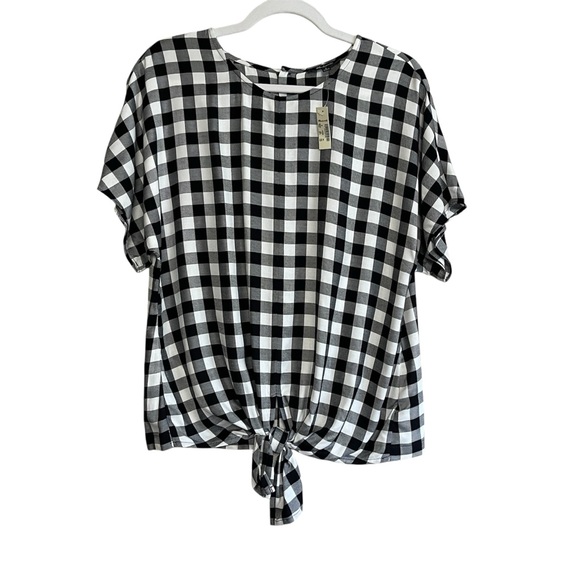 NWT Madewell Women’s Medium Black White Buffalo Check Short Sleeve Top Tie Front - Picture 4 of 8